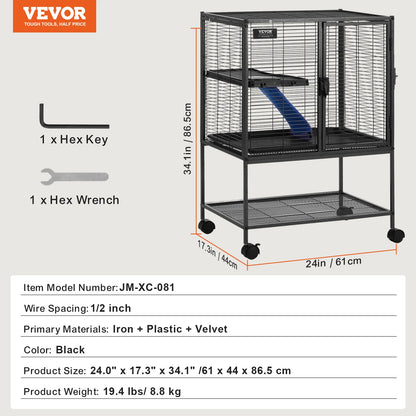 4-Laags Metalen Kooi Voor Fretten -  Geschikt Voor Ratten, Hamsters, Cavia's en Chinchilla's - 61 cm x 44 cm x 86.5 cm - QUORE