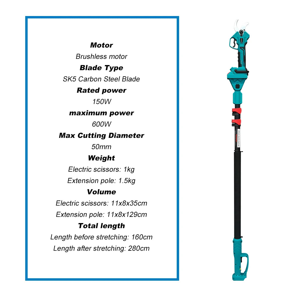 50mm Snoeischaar - Takkenschaar - Tuingereedschap - Snoeizaag - Borstelloos & Draadloos - Inclusief 6 + 8inch Kettingzaag - Takkenzaag - Handzaag - Efficiënte Elektrische Pruner voor Bomen & Bonsai – met 1x5.0Ah Batterij