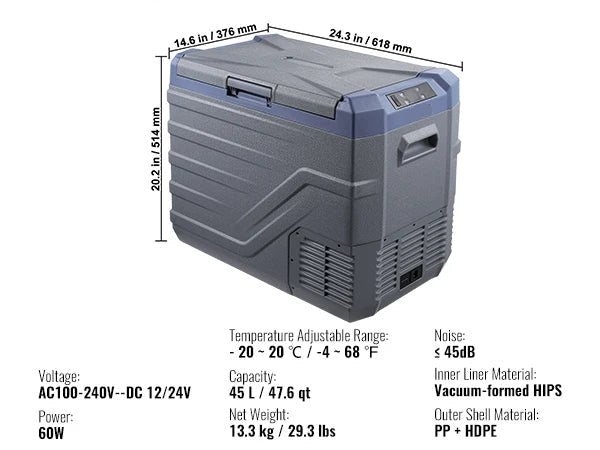 Mini koelkast - Auto Koelkast - Mini Fridge - Frigo - Draagbare Compressor Koelbox - Elektrische Vriesbox - 12/24V DC - 100-240V AC - 750W ± 15% - ≤ 45dB - 45L - 61.8 x 37.6 x 51.4 cm - Grijs