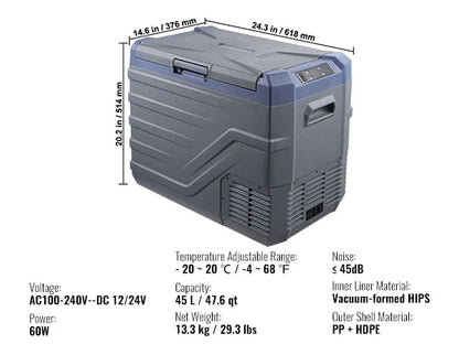 Mini koelkast - Auto Koelkast - Mini Fridge - Frigo - Draagbare Compressor Koelbox - Elektrische Vriesbox - 12/24V DC - 100-240V AC - 750W ± 15% - ≤ 45dB - 45L - 61.8 x 37.6 x 51.4 cm - Grijs