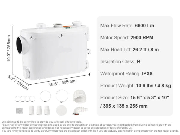 Macerator Pomp - Waterpomp - Vuilwaterpomp - 500W - 6600 L/u Capaciteit - 8m Opvoerhoogte - 3 Inlaten voor Afvalwater Afvoer