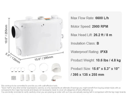 Macerator Pomp - Waterpomp - Vuilwaterpomp - 500W - 6600 L/u Capaciteit - 8m Opvoerhoogte - 3 Inlaten voor Afvalwater Afvoer