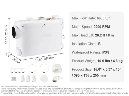 Macerator Pomp - Waterpomp - Vuilwaterpomp - 500W - 6600 L/u Capaciteit - 8m Opvoerhoogte - 3 Inlaten voor Afvalwater Afvoer