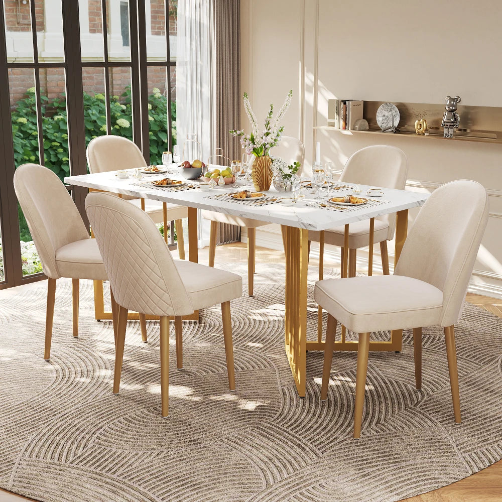 Eetkamerstoelen – Set van 6 Stoelen – Dining Stoelen – Fluwelen Stoelen – Beige Fluweel – Ergonomische Rugleuning – Gouden Metalen Poten - 45.5 x 62 x 87,5 cm