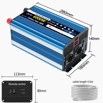 Omvormer – Power Inverter – Spanningsomzetter – Stroomomzetter – 6000W Continu Vermogen – Pure Sinusgolf Uitgang - 24V
