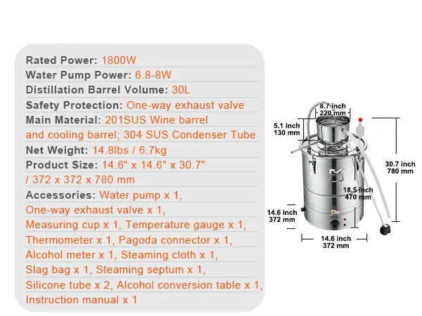 Distilleerketel - Destilleerapparaat - Moonshine - 34L - 1800W - Elektrische Distilleerset - voor Whisky, Wijn, Vodka, Etherische Oliën & Gedistilleerd Water