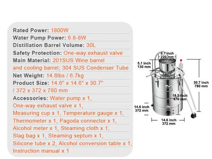 Distilleerketel - Destilleerapparaat - Moonshine - 34L - 1800W - Elektrische Distilleerset - voor Whisky, Wijn, Vodka, Etherische Oliën & Gedistilleerd Water