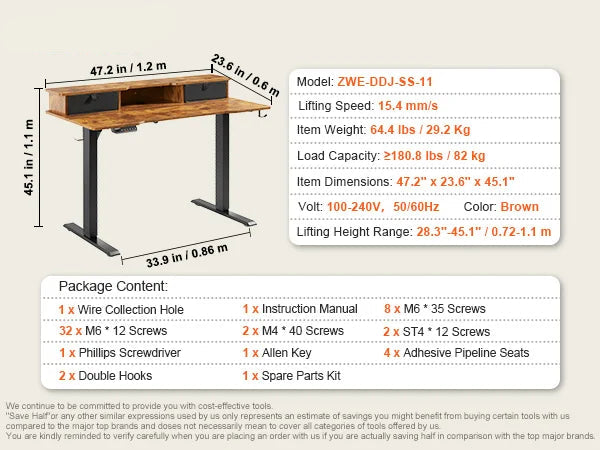 Zit-Sta Bureau - Bureautafel - Computer Tafel - Laptoptafel - Elektrisch - Hoogteverstelbaar - 47.2x23.6inch - met Planken - voor Gaming en Thuiskantoor - 85kg Draagcapaciteit - Bruin