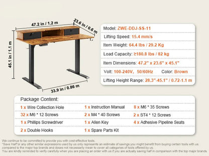 Zit-Sta Bureau - Bureautafel - Computer Tafel - Laptoptafel - Elektrisch - Hoogteverstelbaar - 47.2x23.6inch - met Planken - voor Gaming en Thuiskantoor - 85kg Draagcapaciteit - Bruin