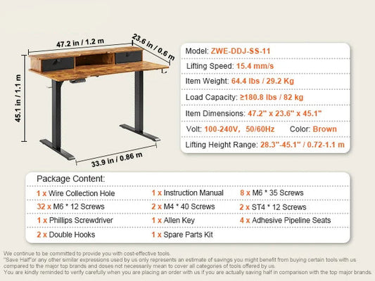 Zit-Sta Bureau - Bureautafel - Computer Tafel - Laptoptafel - Elektrisch - Hoogteverstelbaar - 47.2x23.6inch - met Planken - voor Gaming en Thuiskantoor - 85kg Draagcapaciteit - Bruin