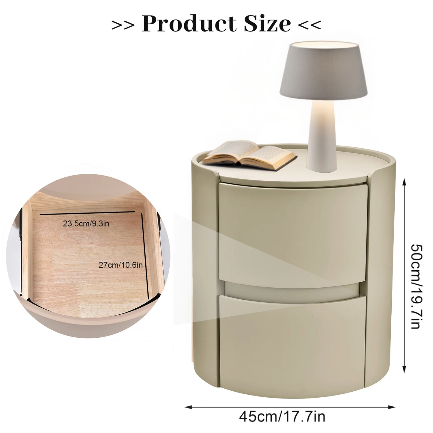 Rond Nachtkastje – Nachtkast, Bedside Table, Opbergkastje, Ladekast – Khaki – Massief Hout & Zadelleer – Compact Model 45x50 cm – 2 Laden Opbergruimte - QUORE