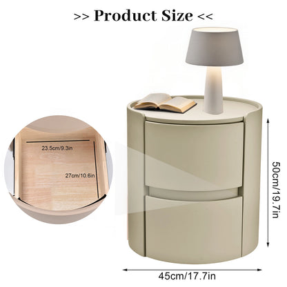Rond Nachtkastje – Nachtkast, Bedside Table, Opbergkastje, Ladekast – Khaki – Massief Hout & Zadelleer – Compact Model 45x50 cm – 2 Laden Opbergruimte - QUORE