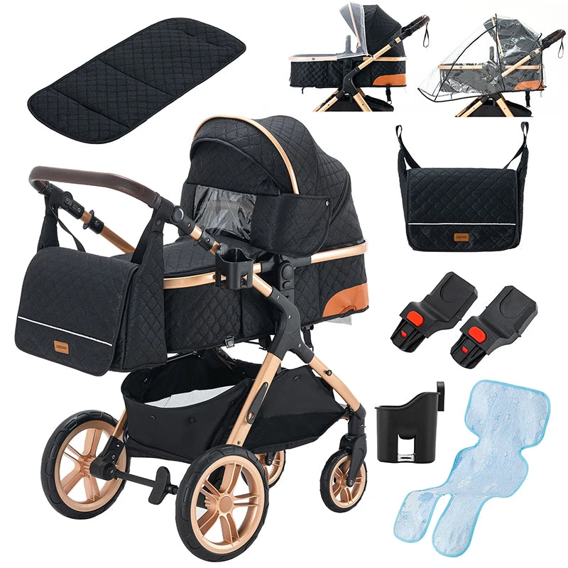 Stroller - Buggy - Kinderwagen 3-in-1 - Kinderwagens - Draagbare Reis Kinderwagen  - Hoogland Pram -Multifunctionele Aluminium Frame Kinderwagen - Hoge uitvoering - Zwart