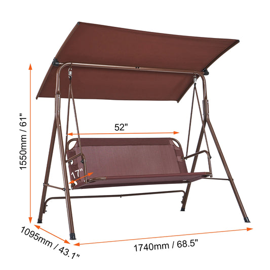 Swing bench - Swing benches - Swing bench 3 persons - Hanging bench - Hollywood swing - 1-seater - with adjustable canopy, removable thick cushion - 68x44inch - Brown