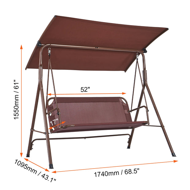 Schommelbank - Schommelbanken - Schommelbank 3 Personen - Hangbank - Hollywoodschaukel - 1-Zits - met Verstelbare Luifel Verwijderbaar Dik Kussen - 68x44inch - Bruin