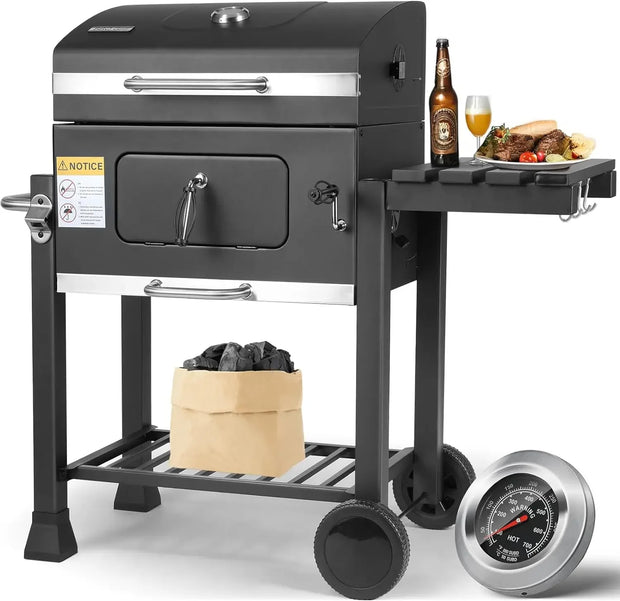 Charcoal BBQ Grill - Charcoal Barbeque - Barbeque - Smoker Barbeque - BBQ - with Handle and Folding Table - for Outdoor Patio, Garden and Backyard Grilling, Camping - Black