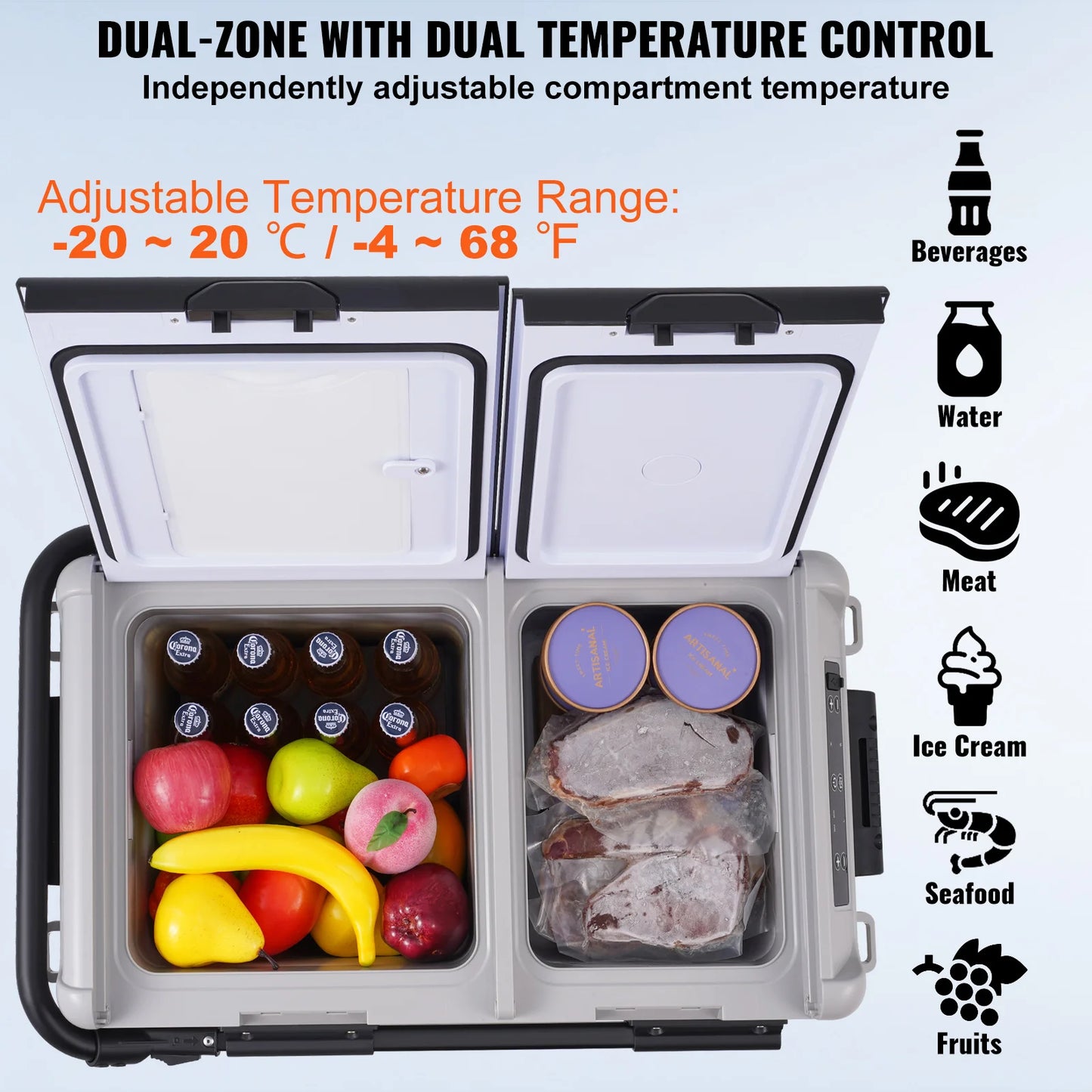 Auto Koelbox - Compressor Koelbox - Compressor Koelkast - Koelbox - 40L- Dual Zone - Mini Vriezer - -20°C tot 20°C - 12V/24V & 230V - Met Wielen & Handvat - Voor Auto - Camper - en Camping
