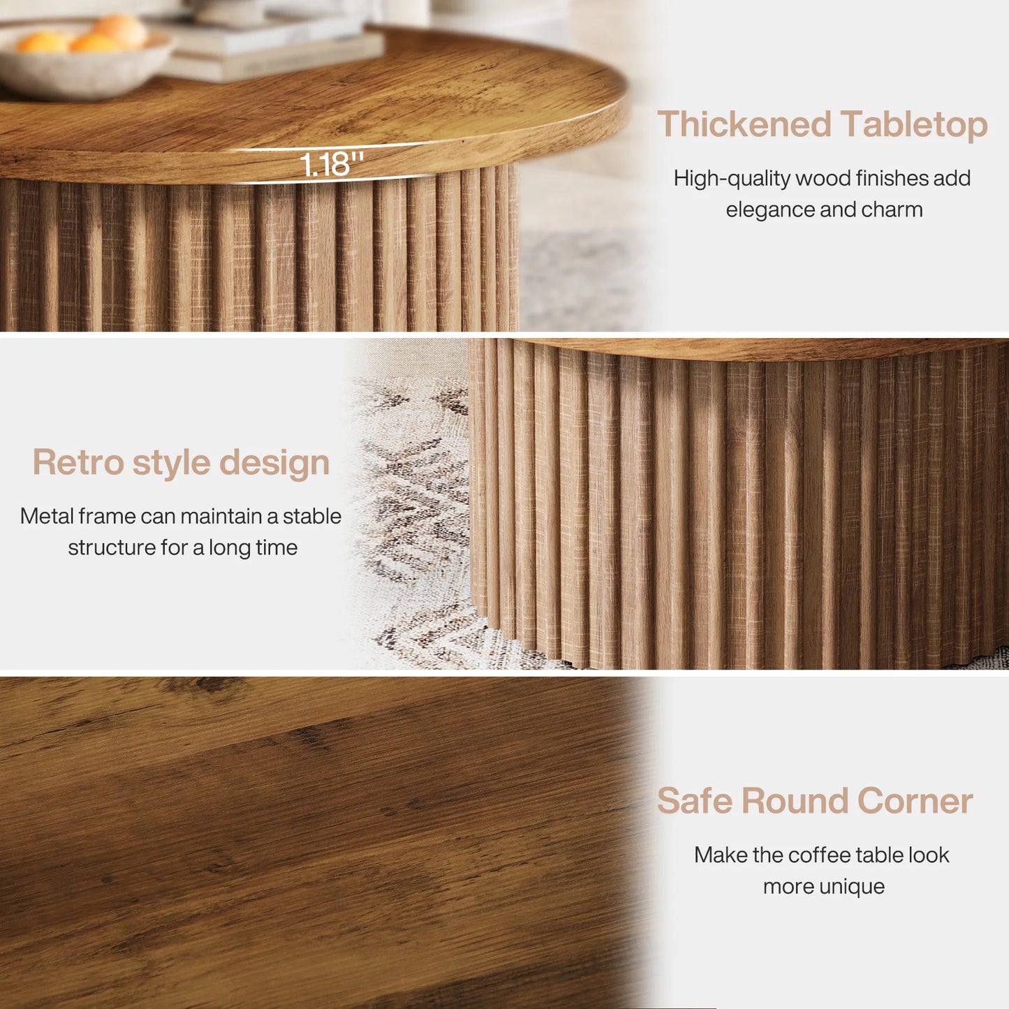 Ronde Salontafel – Bijzettafel – Koffietafel – Woonkamertafel – Houten Tafel – Warm Houtfineer – 80 cm Diameter – Geprofileerde Trommelvoet