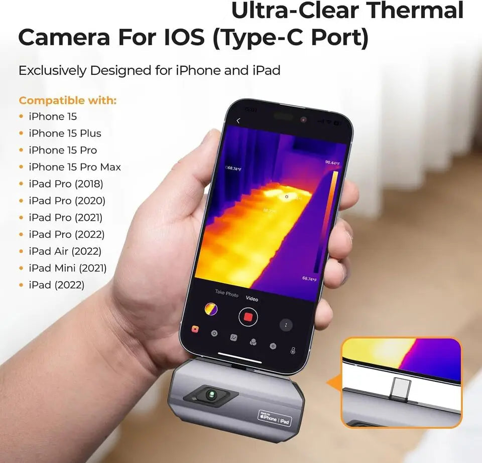 Thermische Camera - Warmtebeeldcamera - Infrarood Camera - Warmtecamera - voor Type-C – Infrarood Camera met 256x192 Resolutie en Rapportfunctie – Compacte IR Warmtebeeldcamera