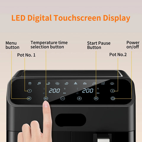 Digital Airfryer - PFAS free - Large 8 Liter - 2000W - Hot air fryer - Black - Digital screen - 6 Presets - Including height-adjustable Grill rack - Electric fryer - Intelligent electric oven without oil smoke