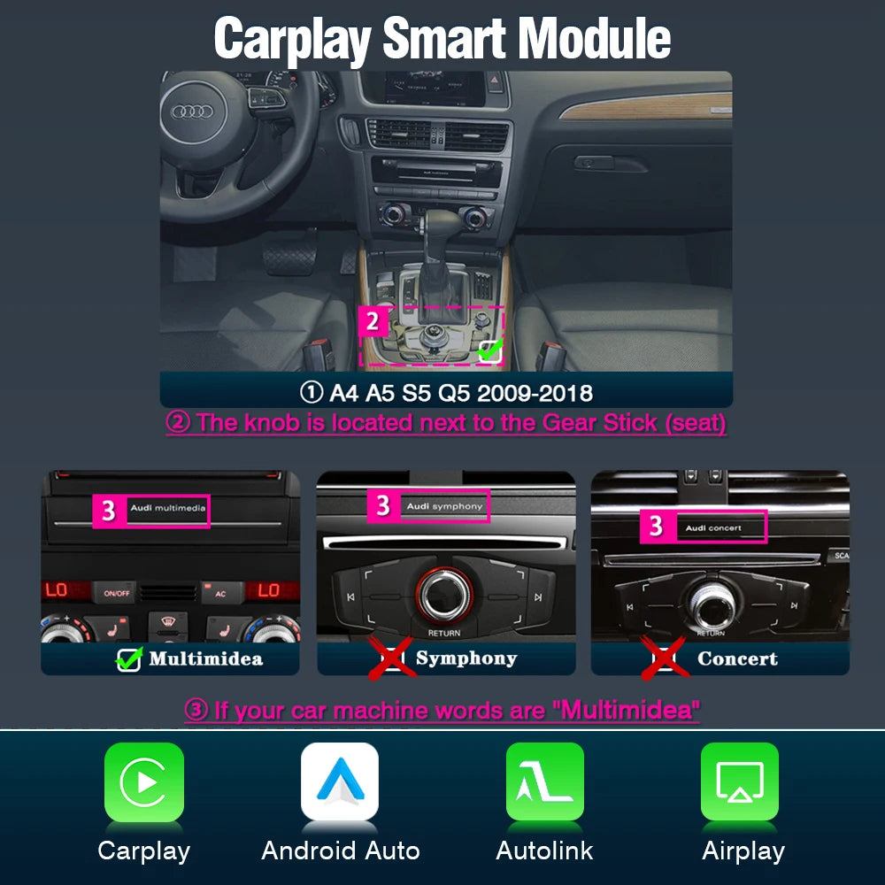 Draadloze CarPlay Adapter – Multimedia Interface – Android Auto Module – Smartphone Koppeling – Wireless Mirror Link – Compatibel Audi MMI 3G (2009-2018) – Plug-and-Play Installatie – AirPlay Streaming - QUORE