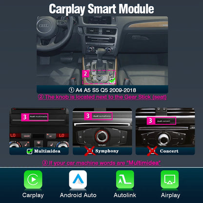 Draadloze CarPlay Adapter – Multimedia Interface – Android Auto Module – Smartphone Koppeling – Wireless Mirror Link – Compatibel Audi MMI 3G (2009-2018) – Plug-and-Play Installatie – AirPlay Streaming - QUORE