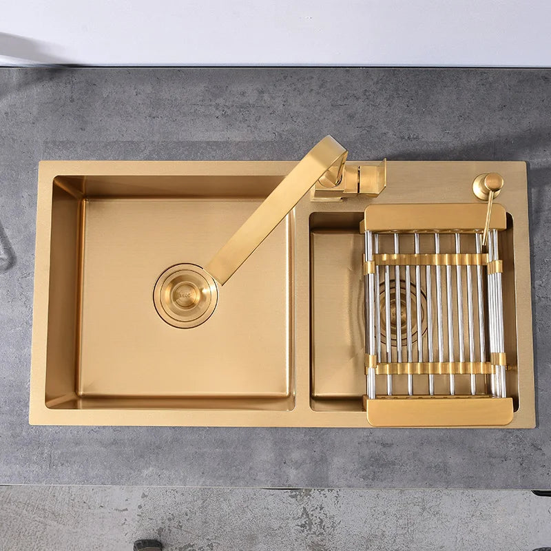 Dubbele Spoelbak – Gouden Keukenspoelbak – RVS Spoelbak – Dubbele Kom Spoelbak – Spoeltafel – 80x45 cm Formaat – Ingebouwde Zeepdispenser & Drainer