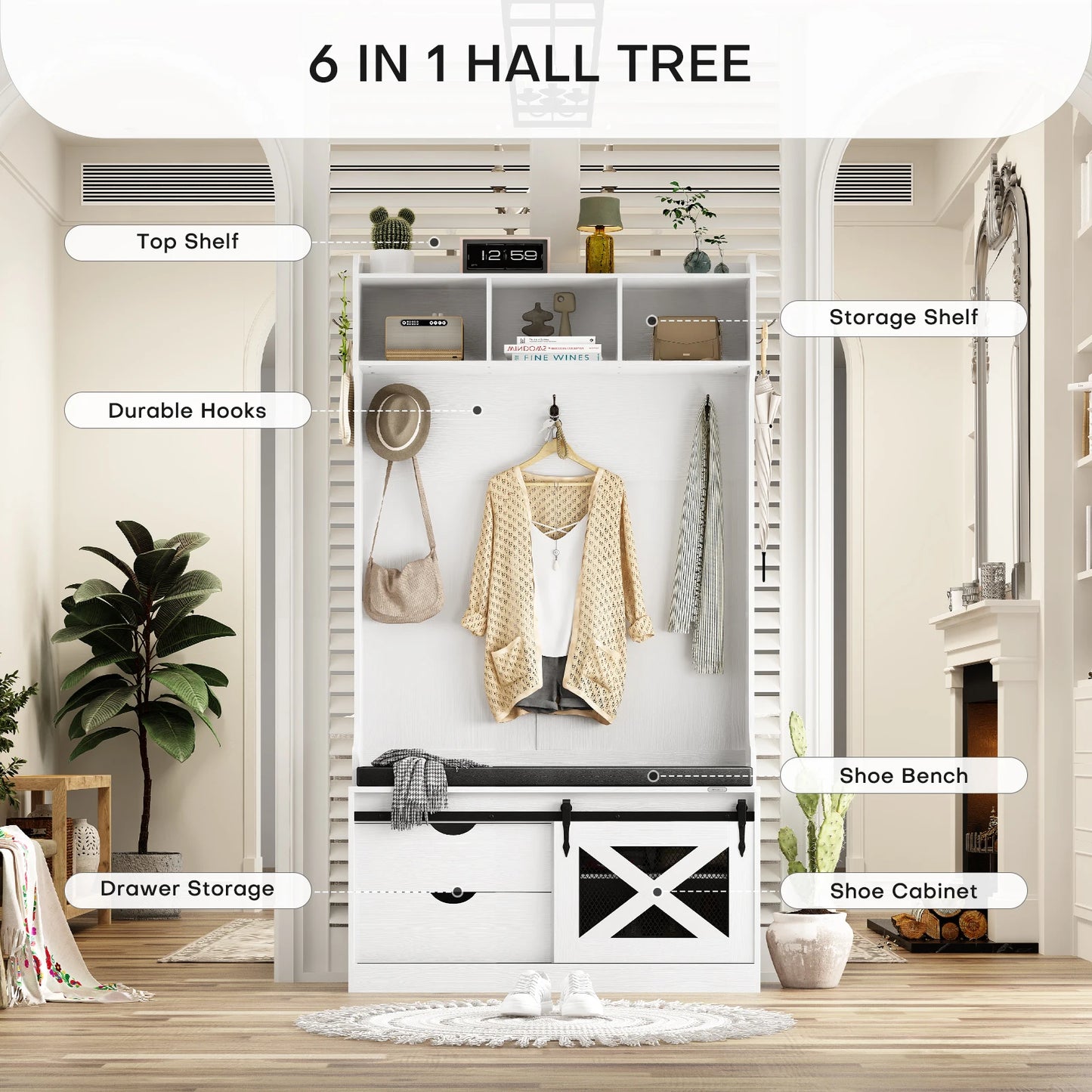 Halboom – Kapstok – Schoenenrek – Zitbank – Opbergmeubel – 6 Haken – Duurzaam Hout - Wit