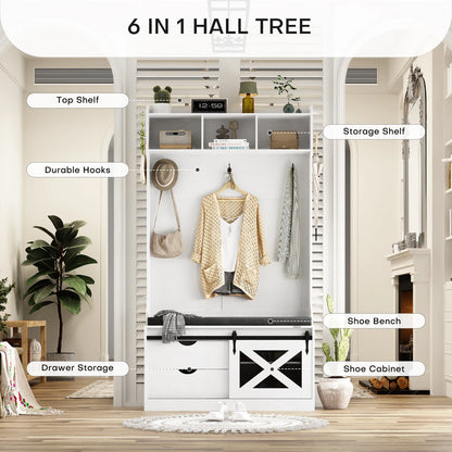 Halboom – Kapstok – Schoenenrek – Zitbank – Opbergmeubel – 6 Haken – Duurzaam Hout - Wit