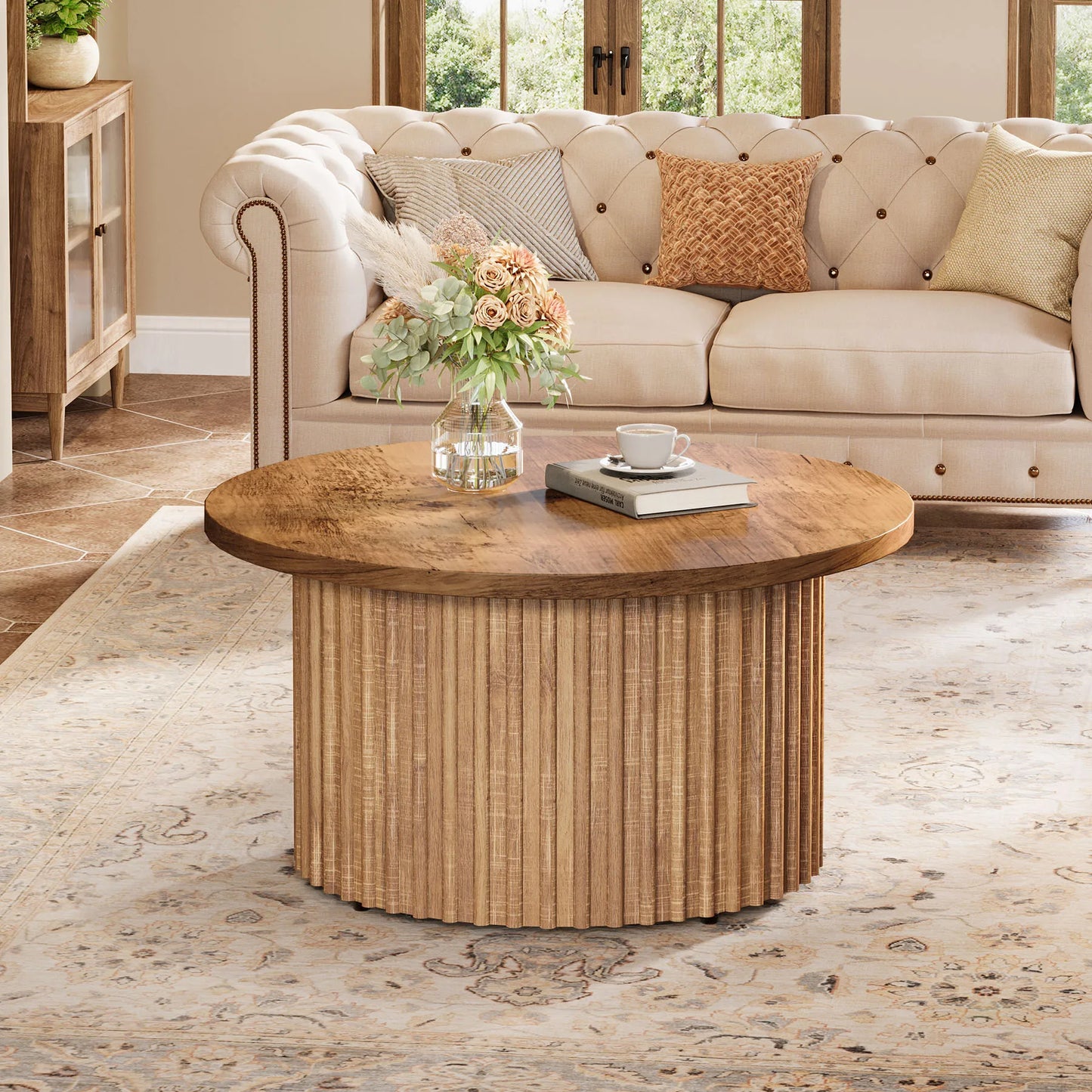 Ronde Salontafel – Bijzettafel – Koffietafel – Woonkamertafel – Houten Tafel – Warm Houtfineer – 80 cm Diameter – Geprofileerde Trommelvoet