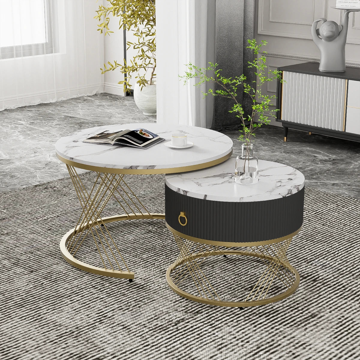 Koffietafel Set – Salontafel – Bijzettafel – Woonkamertafel – Modulaire Tafels – Marmerlook Blad – Gouden Accenten - 78 x 76.5 x 28 cm - Wit & Goud