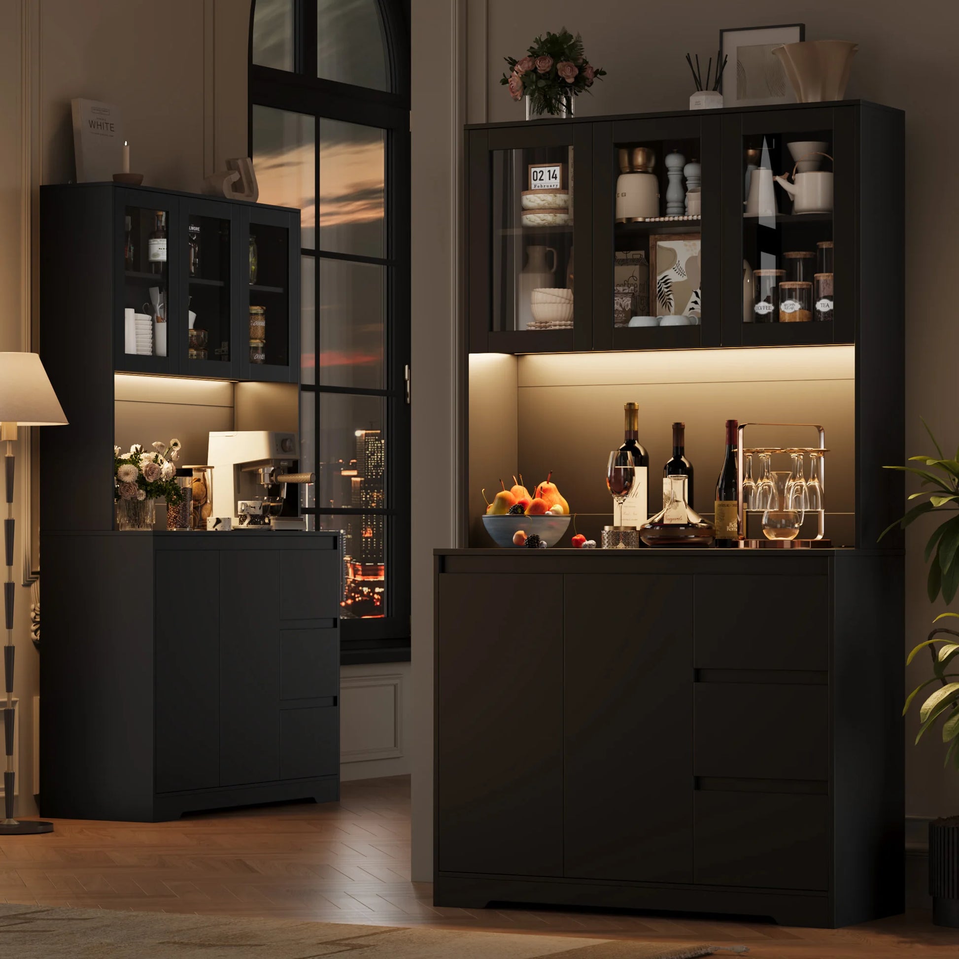 Keukenbuffet – Keukenkast – Buffetkast – Keukenopberger – Keukenmeubel – Wit – Met LED-verlichting – Stopcontacten met USB – 180 cm Hoog – 6 Verstelbare Planken – 3 Lades - QUORE