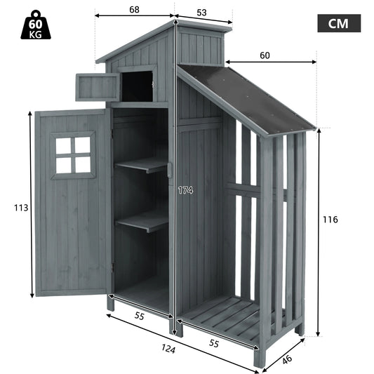Houten Tuinkast - Buitenkast - Gereedschapsschuur - Gereedschapskast - Gereedschapshuisje - met Schappen - Waterdicht Tuinhuisje - 124x46x174 cm - Voor Balkon - Tuin - en Terras - Grijs