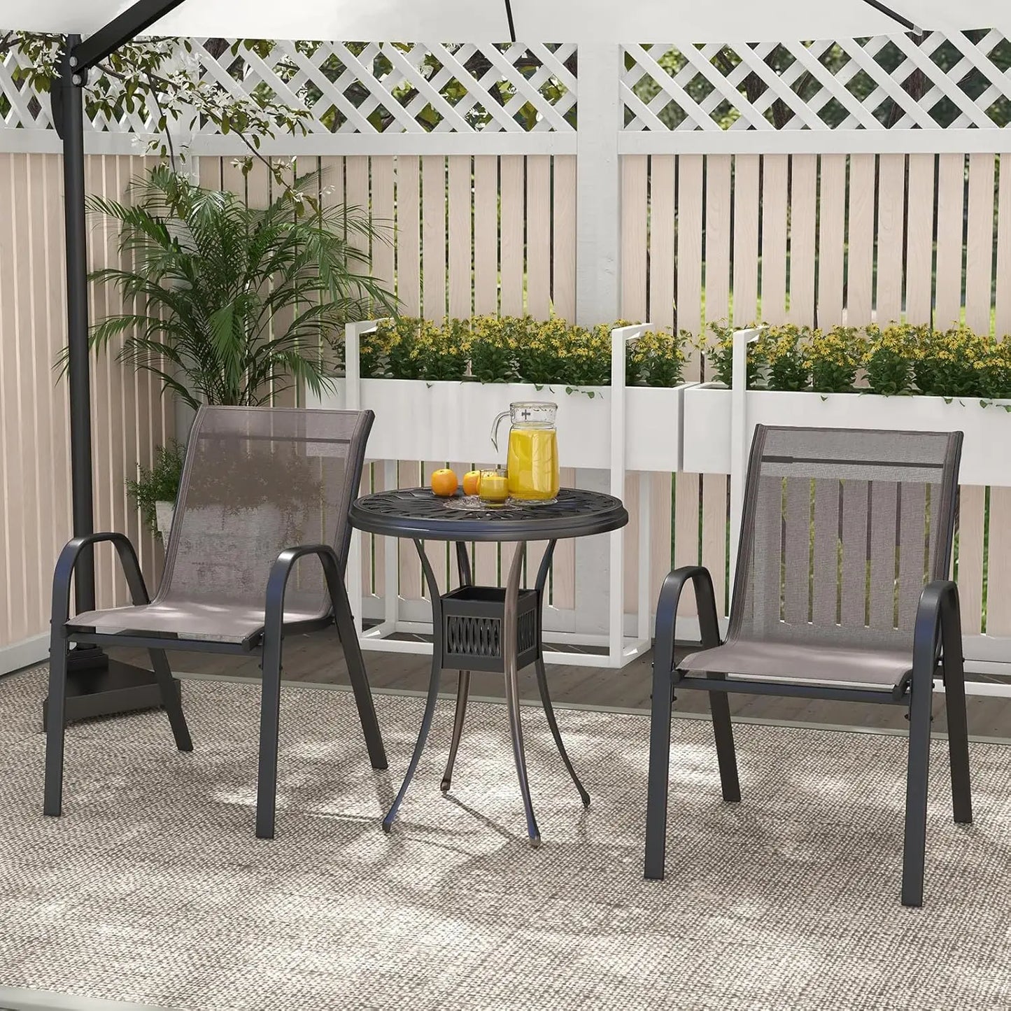 4-delige stapelbare tuinstoelenset met armleuningen – metalen frame – textilene – balkonstoelen – grijs – 150 kg draagvermogen