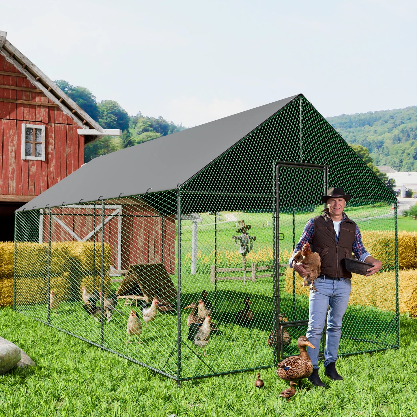 Kippenren – Pluimveerattractie – Vogelsafdekking – Buitenren – Verhoogde Toegang – UV-Bestendig Doek – Duurzaam Materiaal - Groot
