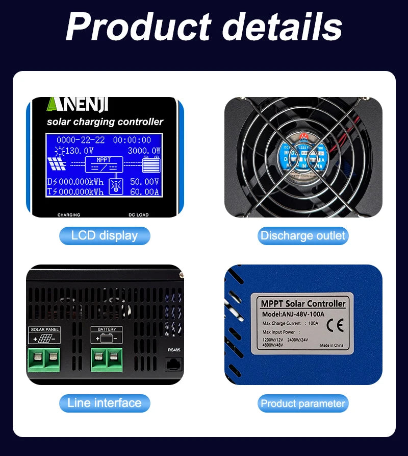 MPPT Laadregelaar – Zonnepaneel Regulator – Solar Controller – Acculader – Zonnelader – 100A Laadstroom – Automatische 12V/24V/48V Systeemherkenning - QUORE