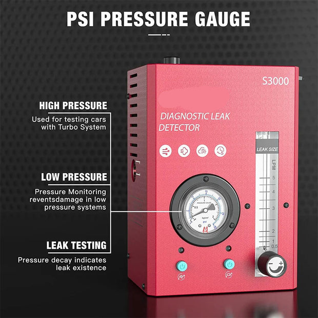 S3000 - Lekdetectie - Lekdetectie kleurstof - Rooklekdetector - 12V - 12 PSI - Ingebouwde luchtpomp - Cartersysteemtest - Inlaatsysteemtest - Turbosysteemtest - EVAP-systeemtest