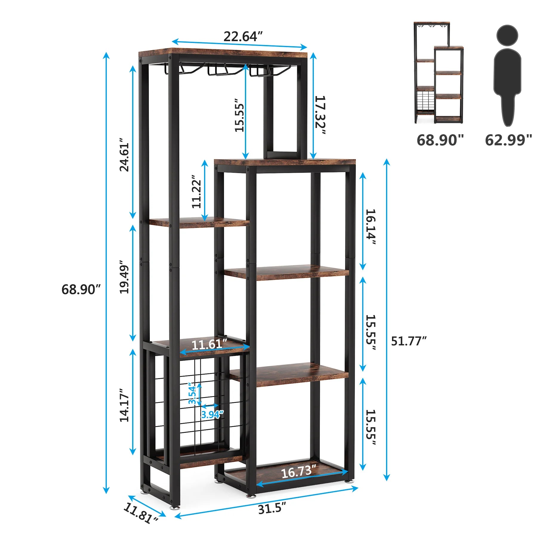Wijnrek – Wijnhouder – Wijnflessenrek – Glazenhouder – Vloerstaand – 12 Flessen – 3-in-1 Ontwerp - Bruin - QUORE