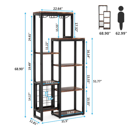 Wijnrek – Wijnhouder – Wijnflessenrek – Glazenhouder – Vloerstaand – 12 Flessen – 3-in-1 Ontwerp - Bruin - QUORE