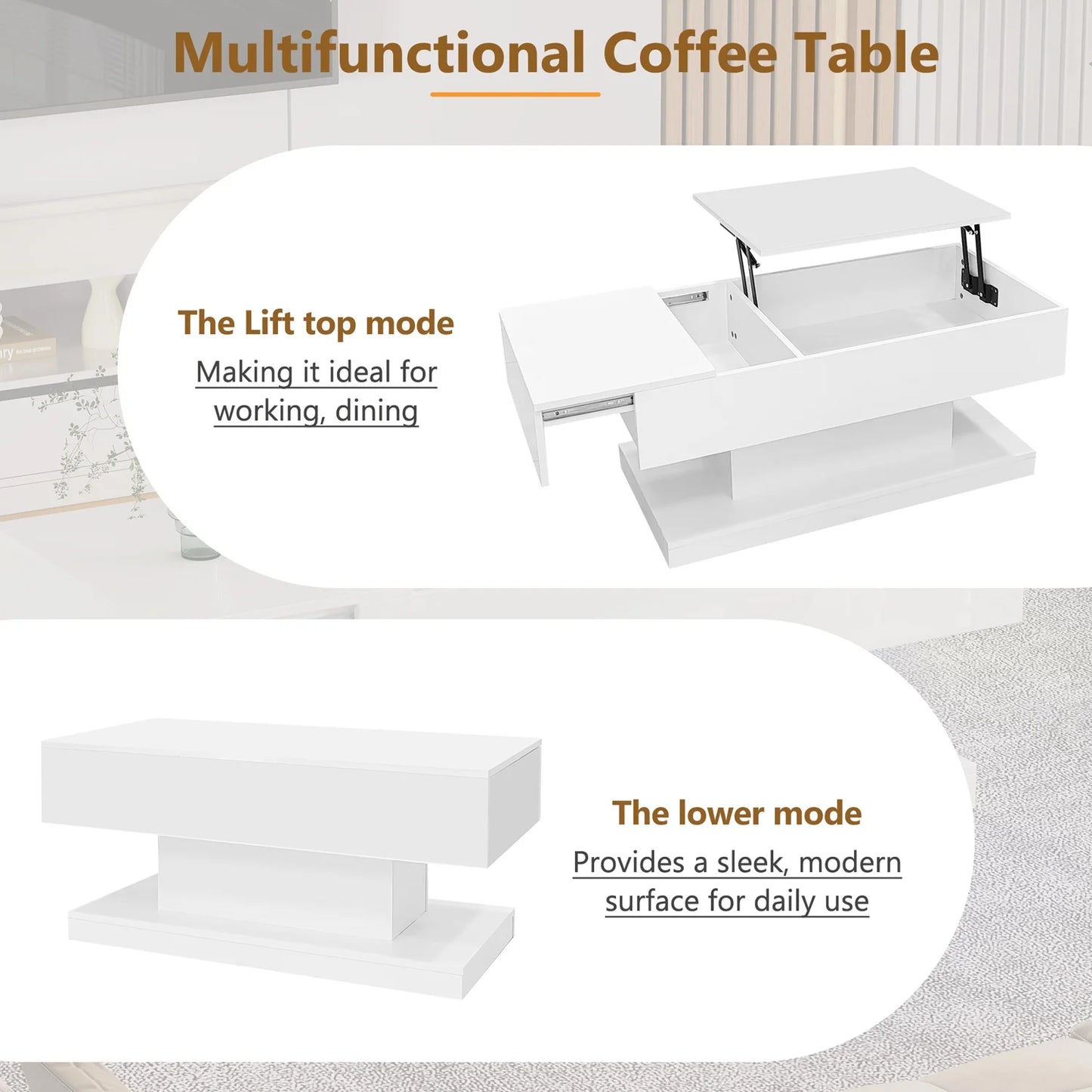 Salontafel – Koffietafel – Bijzettafel – Woonkamertafel – Tafeltje – Hoogglans Wit – Hydraulisch Hefmechanisme – LED Verlichting & Opbergruimte