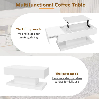 Salontafel – Koffietafel – Bijzettafel – Woonkamertafel – Tafeltje – Hoogglans Wit – Hydraulisch Hefmechanisme – LED Verlichting & Opbergruimte