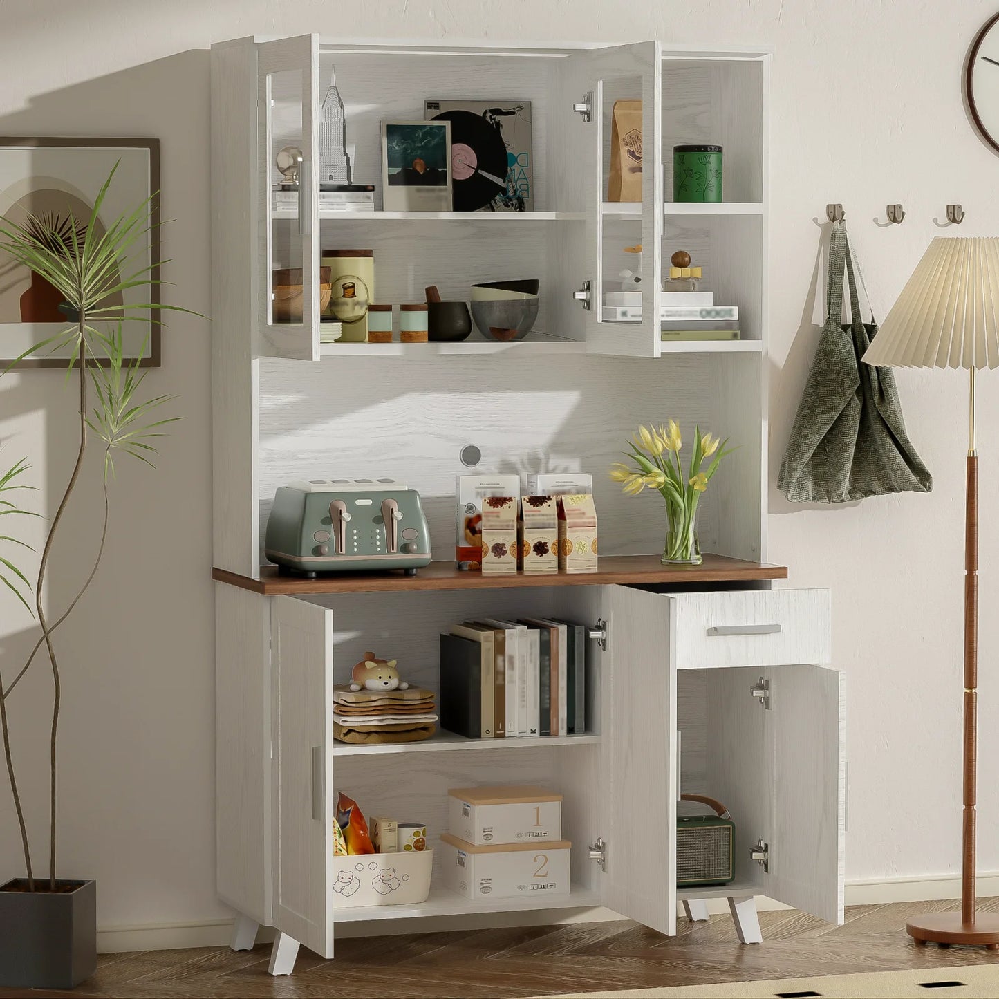 Dressoir – Hoge Kast – Opbergkast – Woonkamermeubel – Buffetkast – Spaanplaat – Glazen Deuren
