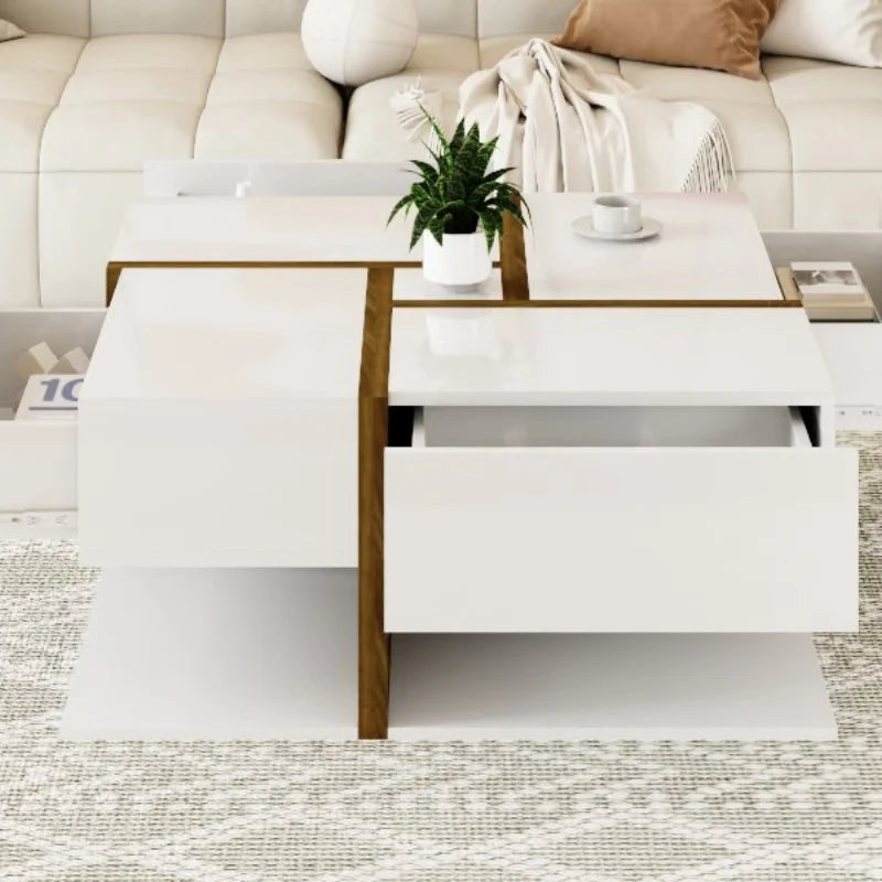 Salontafel – Koffietafel – Woonkamertafel – Tafel Met Lades – Opbergtafel – Hoogglans Afwerking – 4 Uitschuifbare Lades – Uniek Kleur- En Lijnpatroon – Extra Opbergruimte Onderblad – 78x78x34,8 cm – Wit