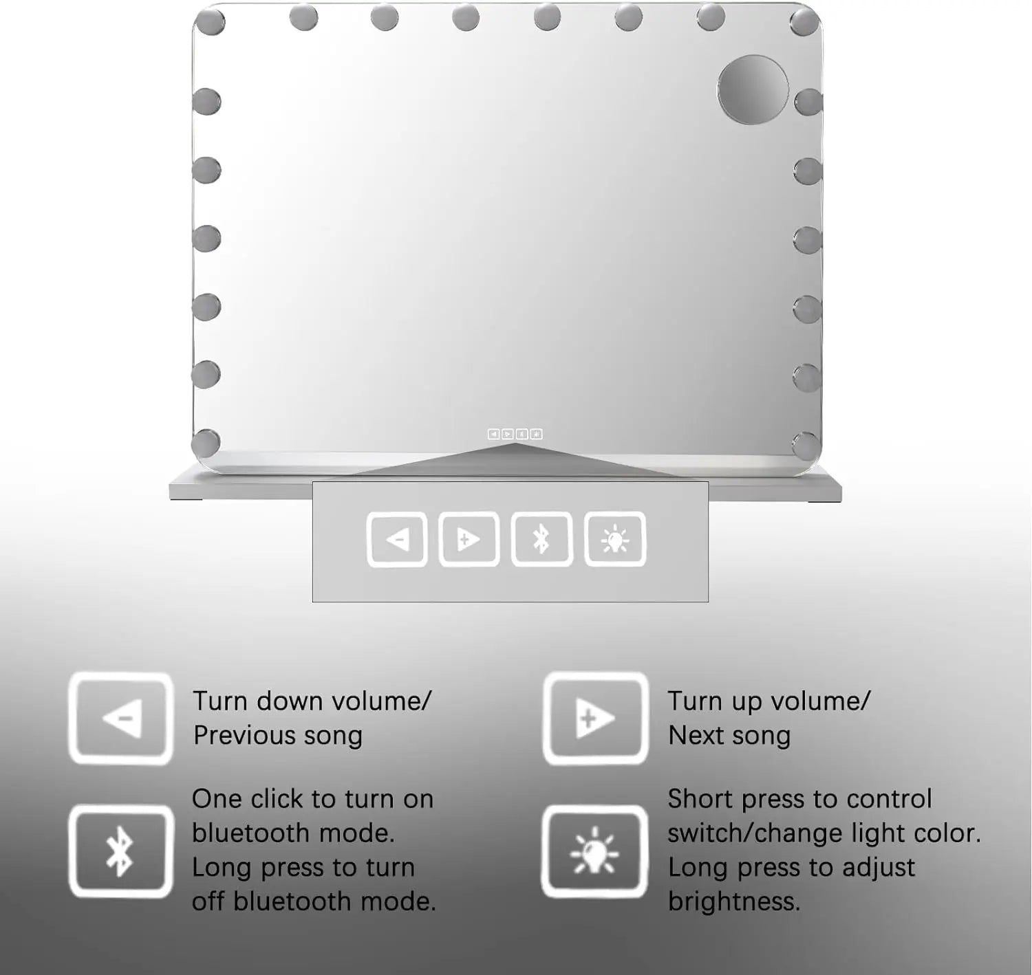 Make up Spiegel - Met Verlichting - 20 LED - 80x60 cm - Grote Kosmetische Spiegel - 3 Dimmer Lichten - USB-oplaadpoort - Bluetooth - Metalen Frame - Wit - QUORE