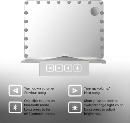 Make up Spiegel - Spiegel - Hollywood Spiegel - Badkamerspiegel - Spiegel met LED Verlichting - Smart Spiegel -  80x60cm – 20 LED Lampen, Bluetooth Speaker, USB & Touchbediening - QUORE