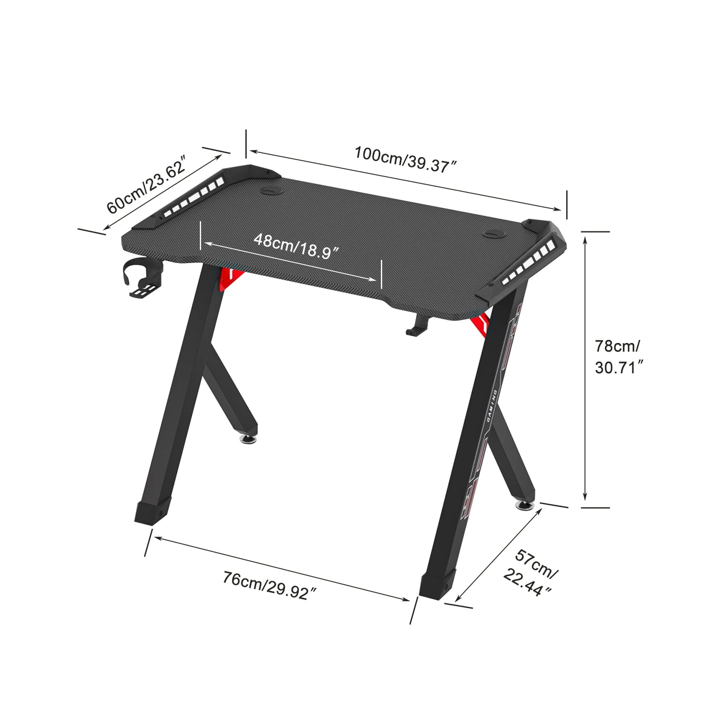 Gaming Bureau - met RGB LED Verlichting - Gaming Tafel - Gaming Desk - Computer Tafel - Computer Bureaua - 100x60x78cm - Metaal & Carbon MDF - Zwart