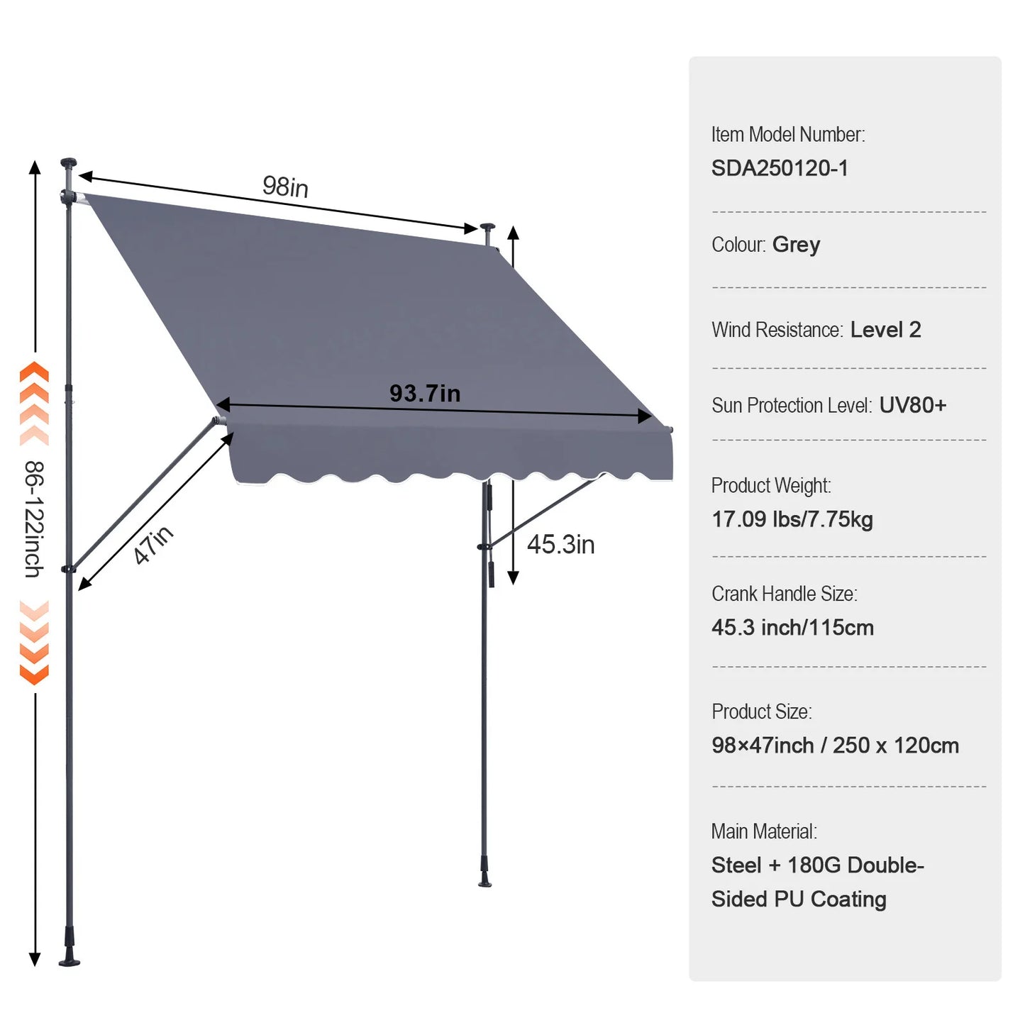 Klemluifel - Balkonluifel - Zonneluifel - Terras-luifel - Waterdicht UV80+ Bescherming - Aluminium Frame - Handzwengel - Buiten - 98x47inch - voor Balkon - Tuin - en Terras