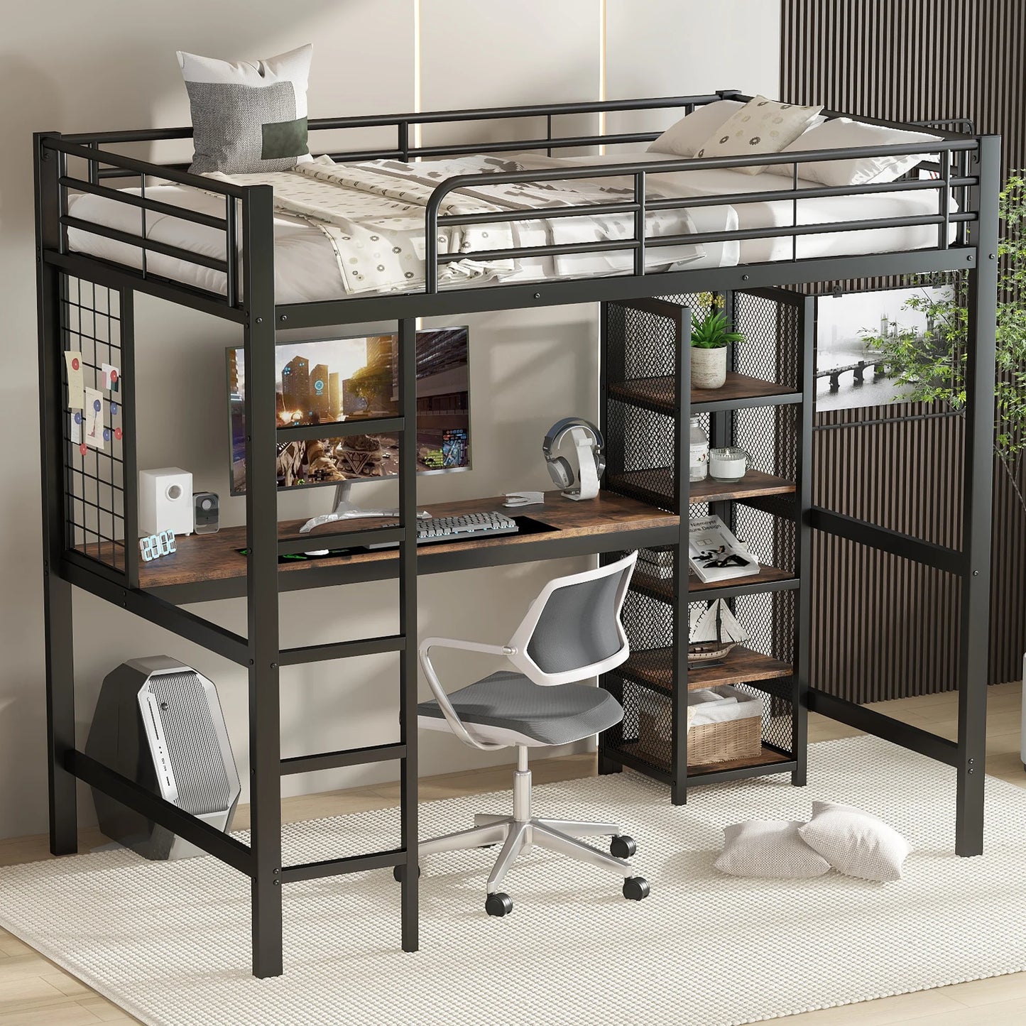 Hoogslaper – Hoogbed – Stapelbed – Combibed – Bedframe – Metaal En Hout – 90x200 cm – Met Bureau En Open Legplanken