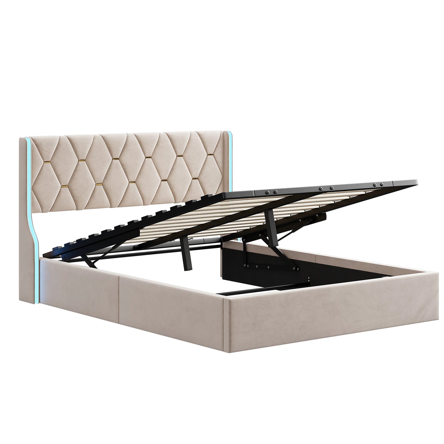 Comanlai 140x200cm/160x200cm Hydraulic Storage Bed,Upholstered Bed with Headboard,Headboard with LED Lights,Double Bed,Flannel