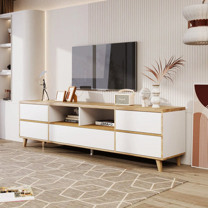 TV Meubel – TV Kast – Lowboard – TV Dressoir – Woonkamer Meubel – Wit & Hout – Ruime Opbergruimte – Geschikt Voor 40-49 Inch Televisies